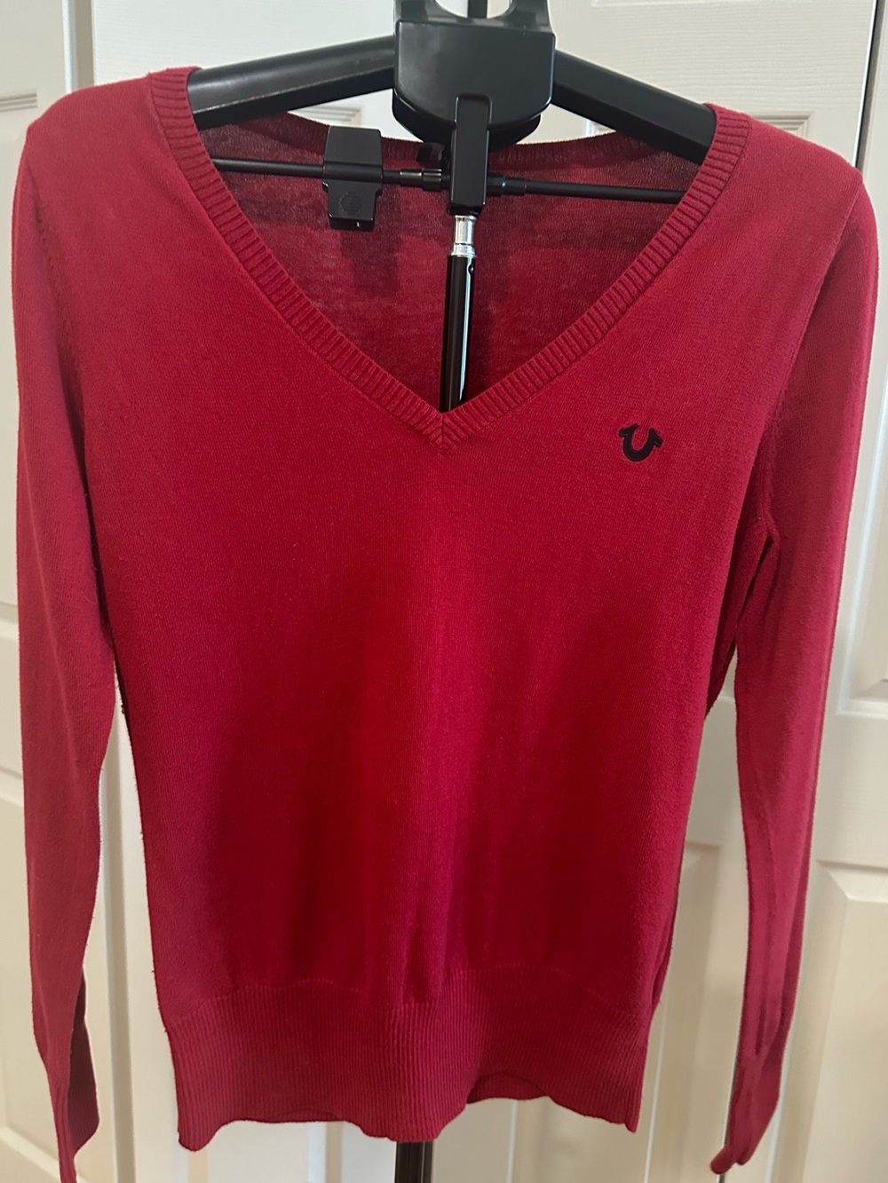 True Religion Women's V-Neck Sweater in Red with Black Logo